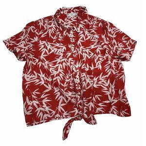 Hawaiian Style Shirt Women’s Medium Button Up Tie Short Sleeve Red Sheer Cropped